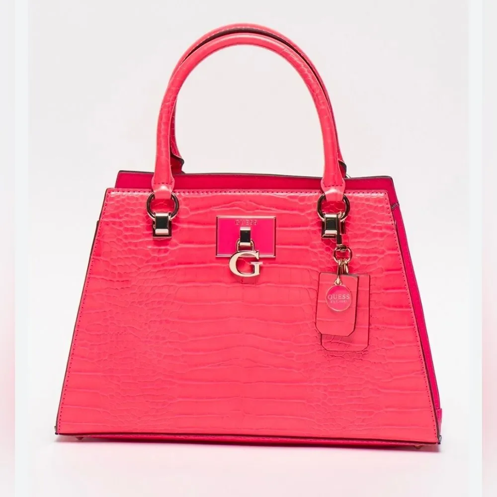 NWT Guess Pink Stephi Croc Embossed Faux Leather Satchel Medium